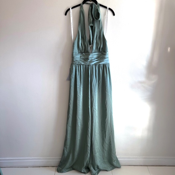 NWT Azazie Oli Stretch Satin Jumpsuit Women’s 8 Matcha Green Formal Event Party - Picture 3 of 11